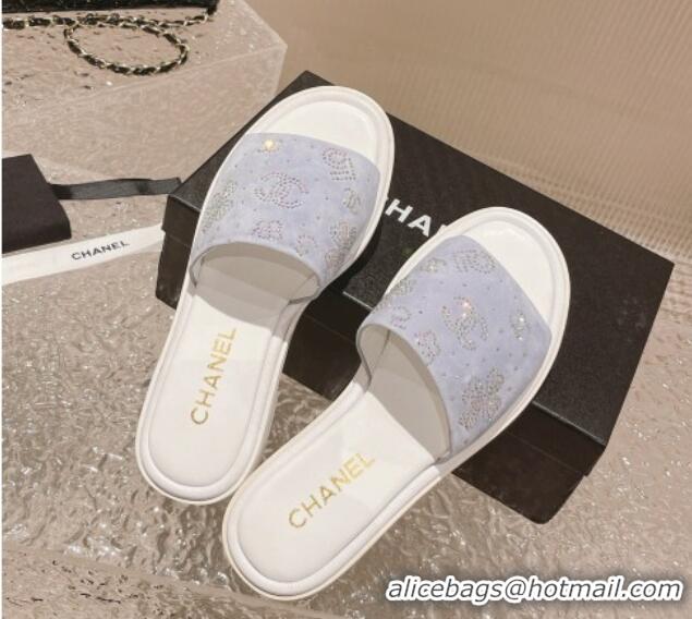 Luxury Discount Chanel Suede Flat Slide Sandals with Crystal Logo Light Purple 525048