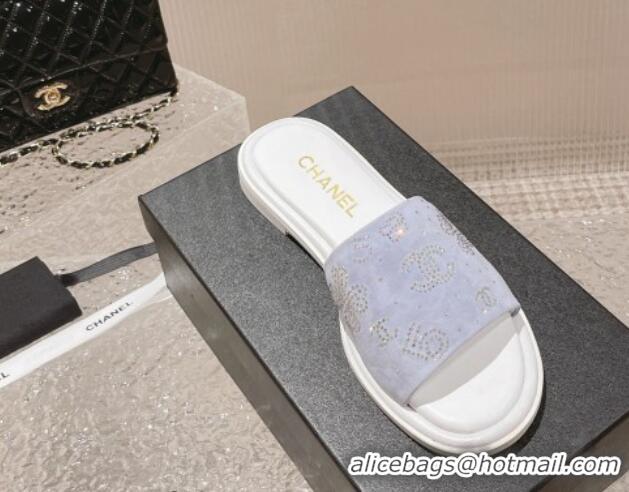 Luxury Discount Chanel Suede Flat Slide Sandals with Crystal Logo Light Purple 525048