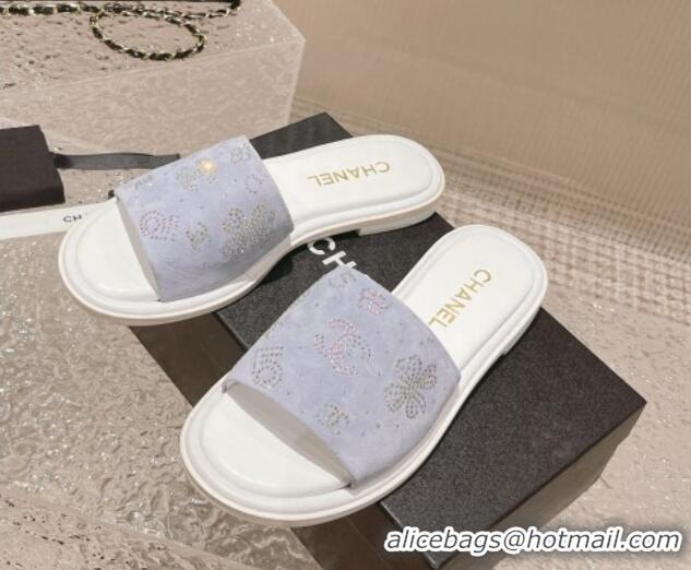 Luxury Discount Chanel Suede Flat Slide Sandals with Crystal Logo Light Purple 525048