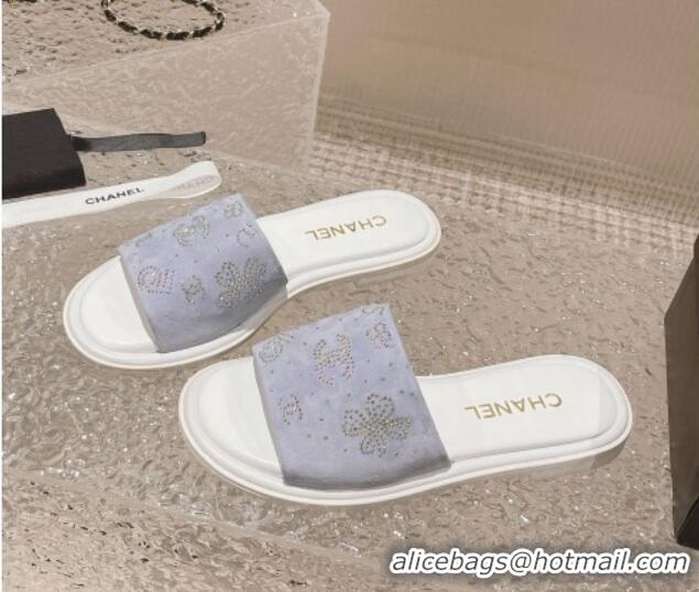 Luxury Discount Chanel Suede Flat Slide Sandals with Crystal Logo Light Purple 525048