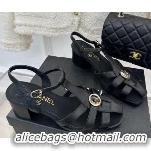 Luxury Chanel Lambskin Heel Sandals 6cm with Stone Charm Black 525049