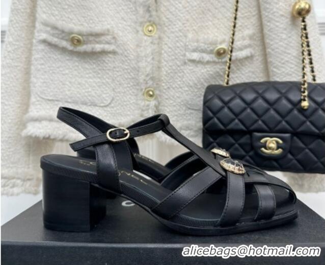 Luxury Chanel Lambskin Heel Sandals 6cm with Stone Charm Black 525049