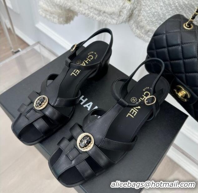 Luxury Chanel Lambskin Heel Sandals 6cm with Stone Charm Black 525049