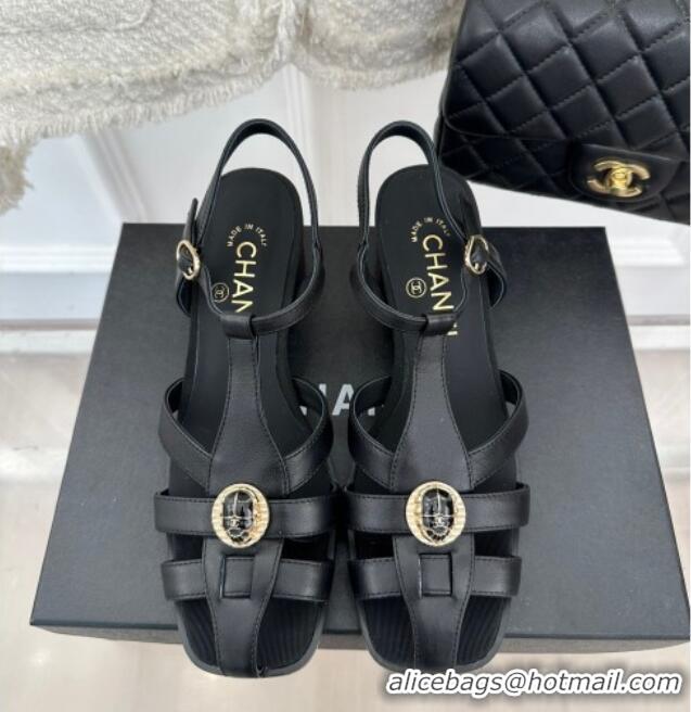 Luxury Chanel Lambskin Heel Sandals 6cm with Stone Charm Black 525049