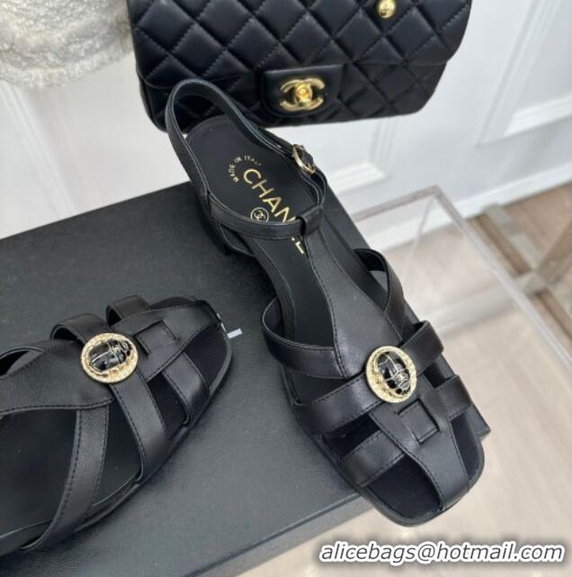 Luxury Chanel Lambskin Heel Sandals 6cm with Stone Charm Black 525049