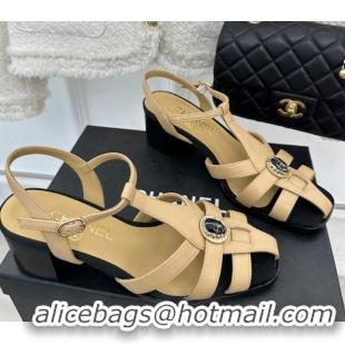 Popular Style Chanel Lambskin Heel Sandals 6cm with Stone Charm Beige 525050