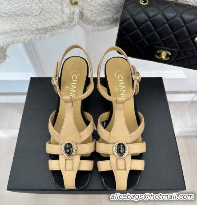 Popular Style Chanel Lambskin Heel Sandals 6cm with Stone Charm Beige 525050