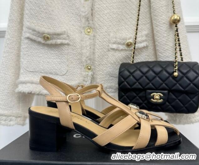 Popular Style Chanel Lambskin Heel Sandals 6cm with Stone Charm Beige 525050