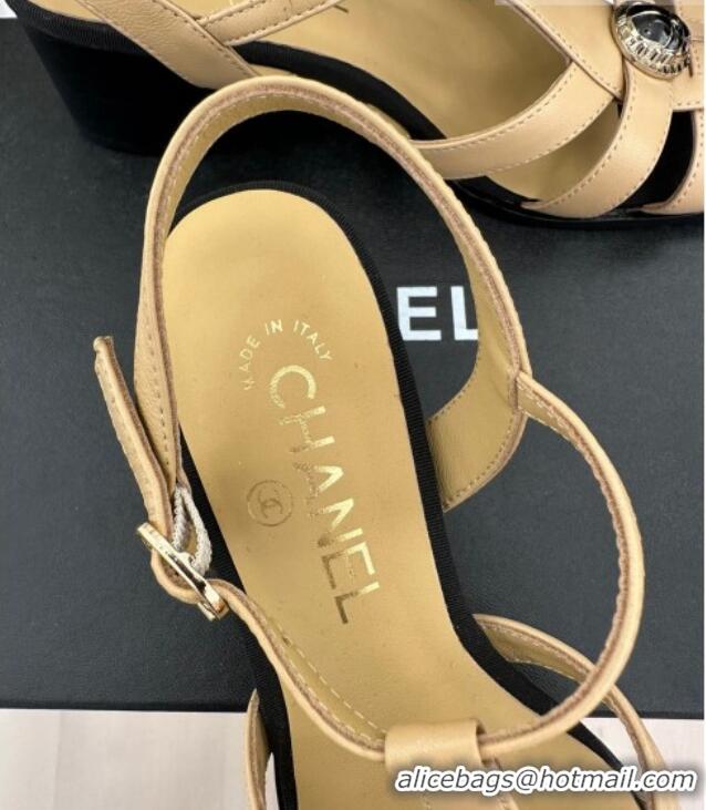 Popular Style Chanel Lambskin Heel Sandals 6cm with Stone Charm Beige 525050