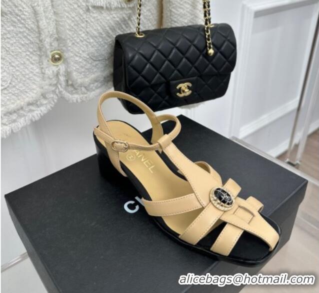 Popular Style Chanel Lambskin Heel Sandals 6cm with Stone Charm Beige 525050