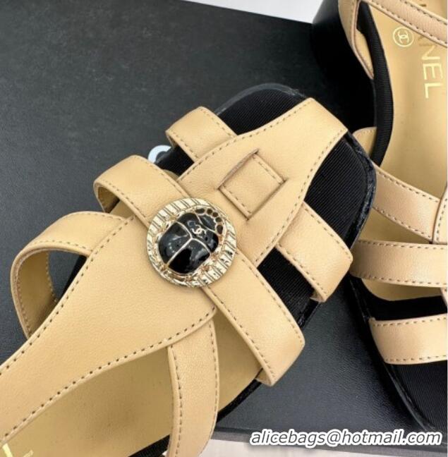 Popular Style Chanel Lambskin Heel Sandals 6cm with Stone Charm Beige 525050