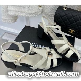 Pretty Style Chanel Lambskin Heel Sandals 6cm with Stone Charm White 525051