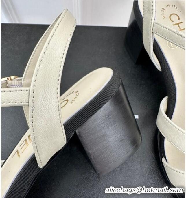 Pretty Style Chanel Lambskin Heel Sandals 6cm with Stone Charm White 525051