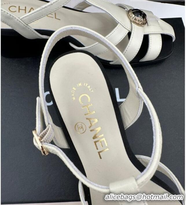 Pretty Style Chanel Lambskin Heel Sandals 6cm with Stone Charm White 525051