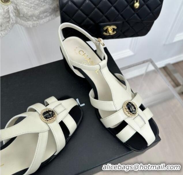 Pretty Style Chanel Lambskin Heel Sandals 6cm with Stone Charm White 525051