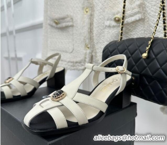 Pretty Style Chanel Lambskin Heel Sandals 6cm with Stone Charm White 525051