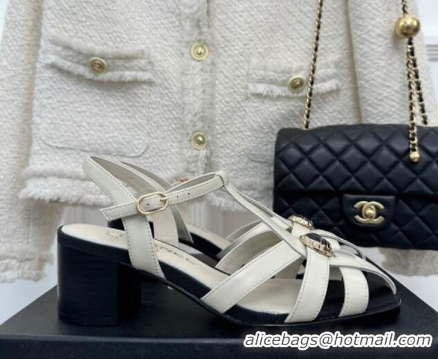 Pretty Style Chanel Lambskin Heel Sandals 6cm with Stone Charm White 525051