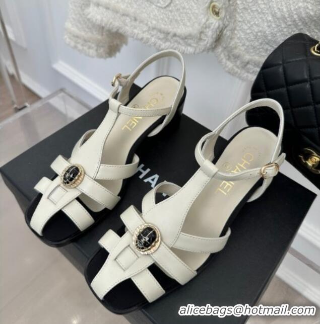 Pretty Style Chanel Lambskin Heel Sandals 6cm with Stone Charm White 525051