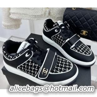 Good Quality Chanel Tweed Sneakers with Velcro G33035 Black 525052