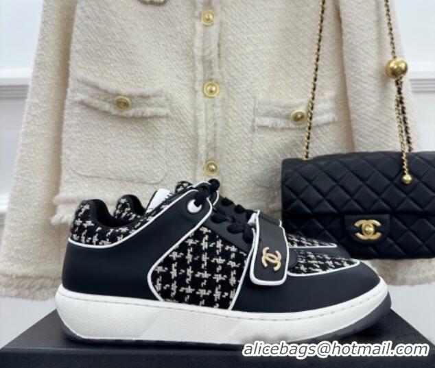 Good Quality Chanel Tweed Sneakers with Velcro G33035 Black 525052