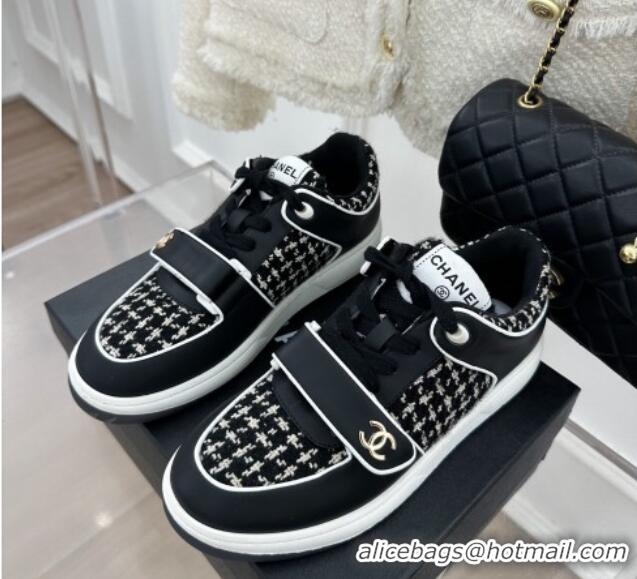 Good Quality Chanel Tweed Sneakers with Velcro G33035 Black 525052