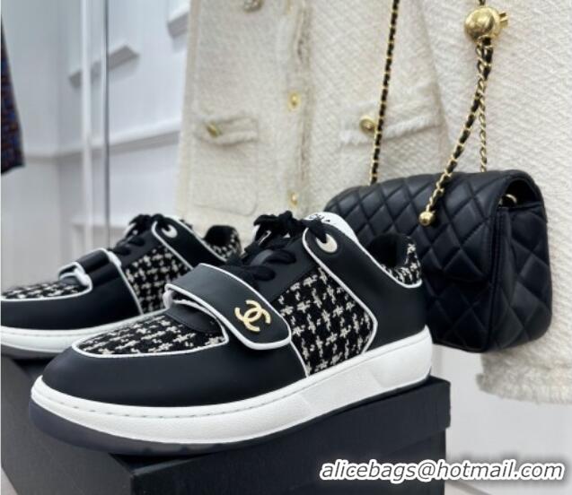 Good Quality Chanel Tweed Sneakers with Velcro G33035 Black 525052