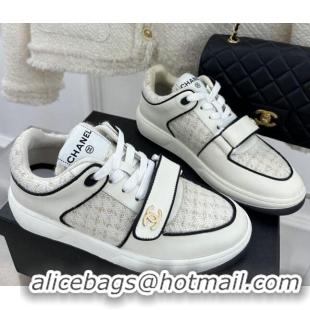 Unique Style Chanel Tweed Sneakers with Velcro G33035 White 525053