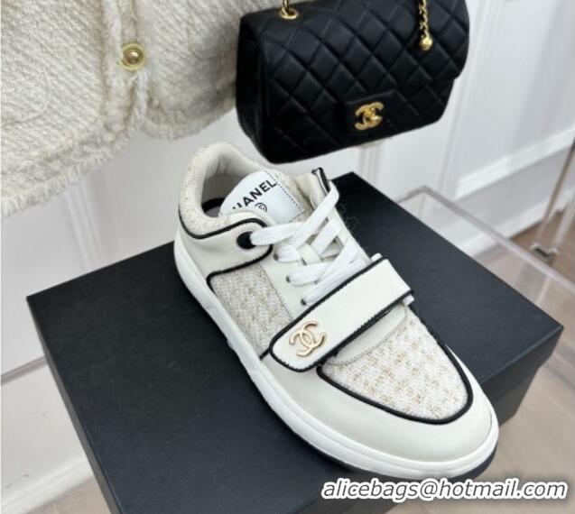 Unique Style Chanel Tweed Sneakers with Velcro G33035 White 525053