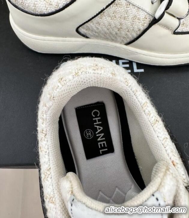 Unique Style Chanel Tweed Sneakers with Velcro G33035 White 525053