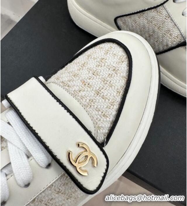 Unique Style Chanel Tweed Sneakers with Velcro G33035 White 525053