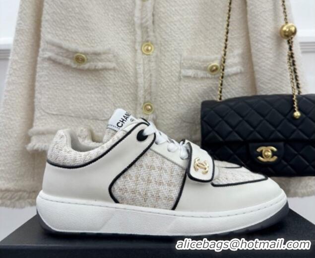 Unique Style Chanel Tweed Sneakers with Velcro G33035 White 525053