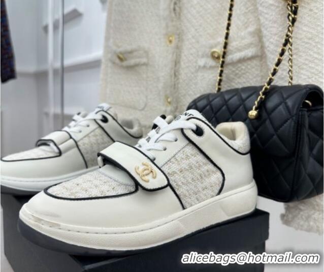 Unique Style Chanel Tweed Sneakers with Velcro G33035 White 525053