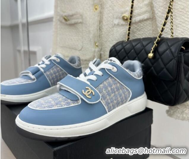 Best Product Chanel Tweed Sneakers with Velcro G33035 Blue 525054