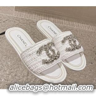 Best Product Chanel Raffia Straw Flat Slide Sandals with Crystal CC White 525055