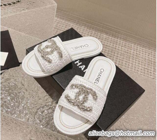 Best Product Chanel Raffia Straw Flat Slide Sandals with Crystal CC White 525055