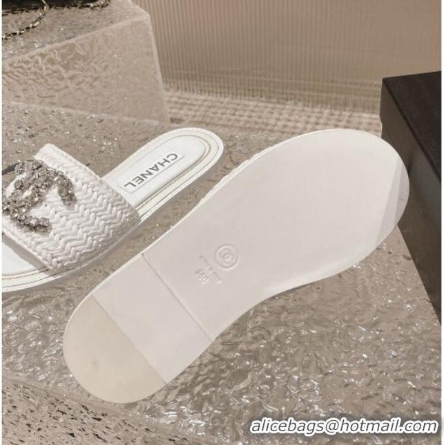 Best Product Chanel Raffia Straw Flat Slide Sandals with Crystal CC White 525055