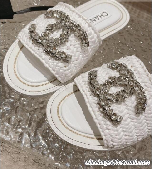 Best Product Chanel Raffia Straw Flat Slide Sandals with Crystal CC White 525055