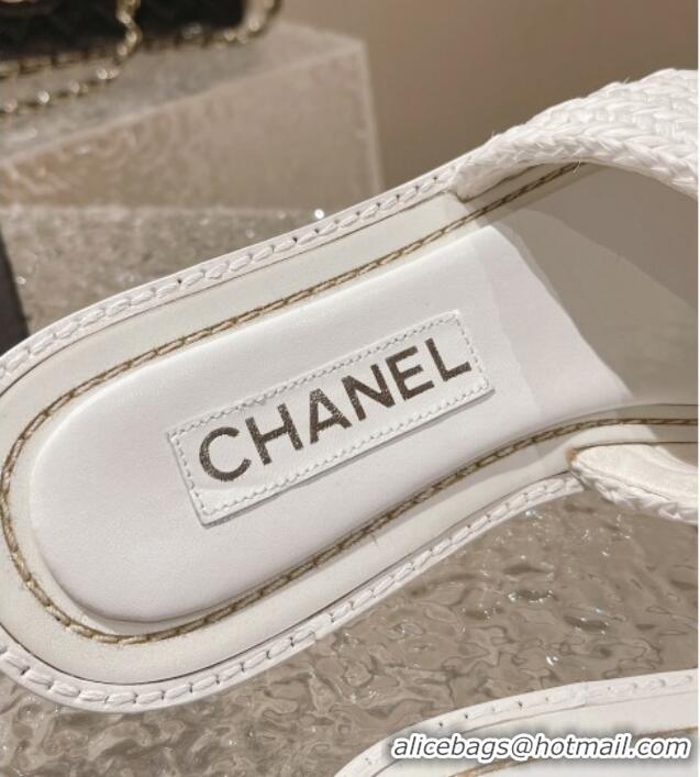 Best Product Chanel Raffia Straw Flat Slide Sandals with Crystal CC White 525055