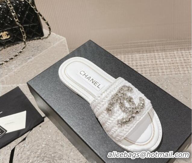 Best Product Chanel Raffia Straw Flat Slide Sandals with Crystal CC White 525055