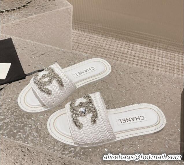 Best Product Chanel Raffia Straw Flat Slide Sandals with Crystal CC White 525055