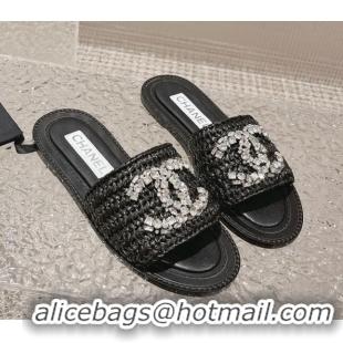 Best Grade Chanel Raffia Straw Flat Slide Sandals with Crystal CC Black 525056