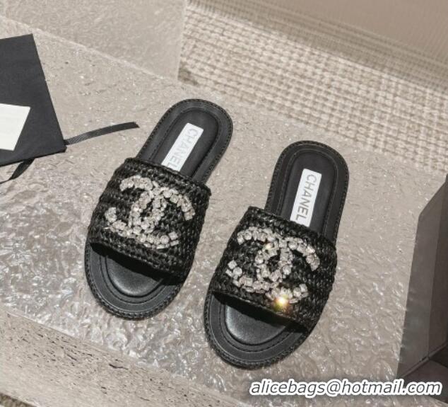 Best Grade Chanel Raffia Straw Flat Slide Sandals with Crystal CC Black 525056