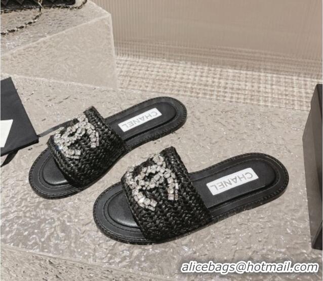 Best Grade Chanel Raffia Straw Flat Slide Sandals with Crystal CC Black 525056