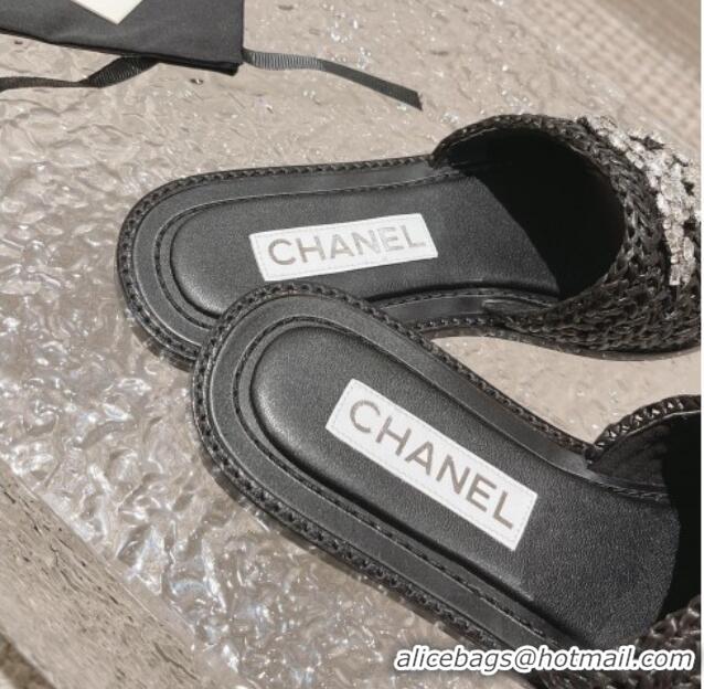 Best Grade Chanel Raffia Straw Flat Slide Sandals with Crystal CC Black 525056