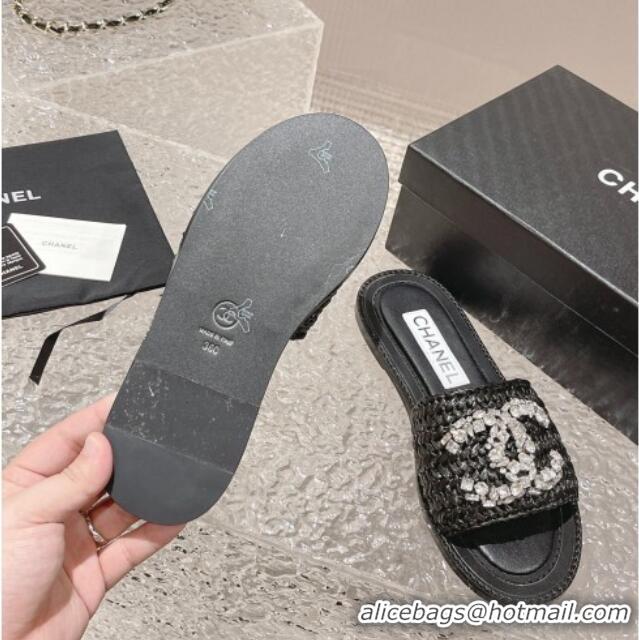 Best Grade Chanel Raffia Straw Flat Slide Sandals with Crystal CC Black 525056