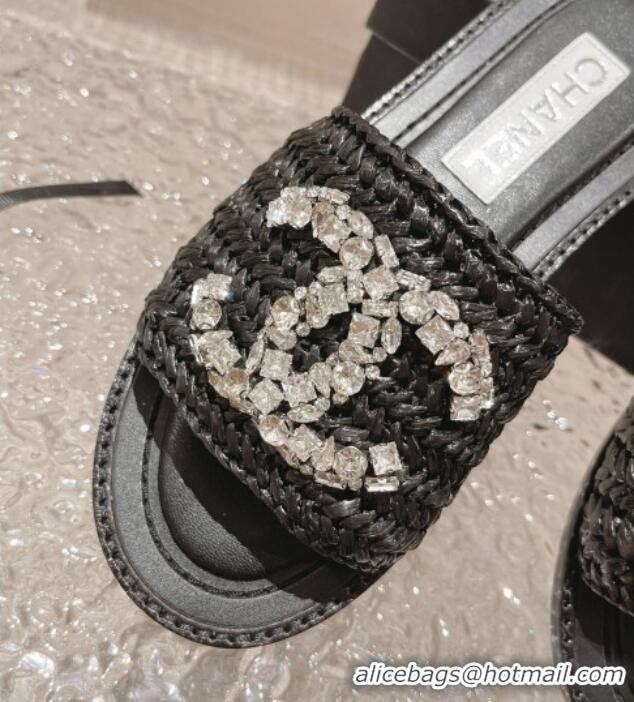 Best Grade Chanel Raffia Straw Flat Slide Sandals with Crystal CC Black 525056