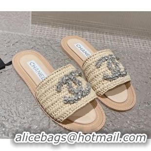 Good Product Chanel Raffia Straw Flat Slide Sandals with Crystal CC Beige 525057