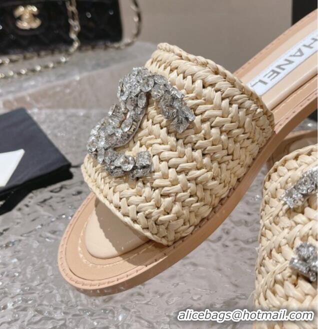 Good Product Chanel Raffia Straw Flat Slide Sandals with Crystal CC Beige 525057