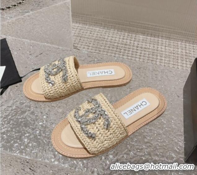 Good Product Chanel Raffia Straw Flat Slide Sandals with Crystal CC Beige 525057