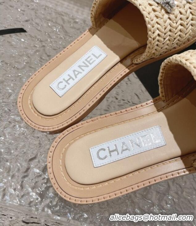 Good Product Chanel Raffia Straw Flat Slide Sandals with Crystal CC Beige 525057